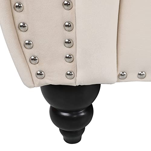 Image of ORRD Chesterfield Loveseat, Modern Velvet Sofa Tufted Couch 2 Seater with Scroll Arms and Nailhead for Living Room, Bedroom, Office, Apartment (Beige)