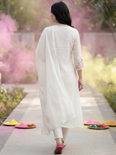 Image of INDO ERA Women's Floral Embroidered A-Line Pure Cotton Kurta Pant with Dupatta Set
