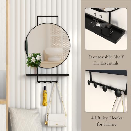 Image of BEAUTME Wall Mirror with Shelf and Hooks, 30x20 Inch Metal Framed Round Bathroom Mirrors with Shelf, Modern Farmhouse Wall Decor for Living Room Bedroom Entryway, Vertical (Black)