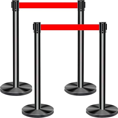 Image of Mostantu 4Pcs Crowd Control Stanchion Set, 90CM Height Black Crowd Control Barrier with 6.6 FT/2M Red Retractable Belt and Plastic Base for Store Queues, Airport Lines, Event Entries