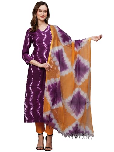 Image of GoSriKi Women's Cotton Blend Straight Printed Kurta with Pant & Dupatta (Mukhi Pink-GS)