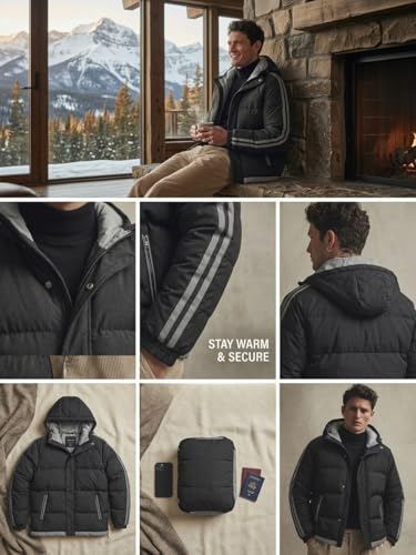 Image of Blaq Ash Men's Hooded Puffer Jacket, Black with Grey Stripe Detail, Quilted Winter Coat