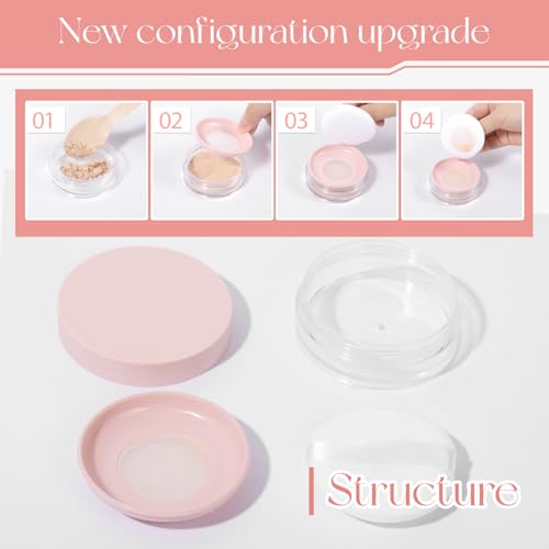 10ml (0.34oz) Loose Powder Containers, No Leak Plastic Empty Reusable Refillable Travel Compact Portable Makeup Powder Case Container with Pink Screw Lid, Elastic Net Sifter Sponge Puff3