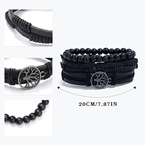 Branets Mens Leather Bracelet for Men Tree of Life Bracelets Braided Punk Goth Vintage Bracelets Beaded Handmade Adjustable Bracelet Rope Wrap Set