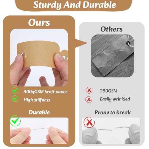 VynyQoo 120PCS Geschenkanhänger Zum Beschriften 5x10CM Kraftpapier Blanko Etiketten mit Schnur & 30M Naturjute DIY für Hochzeitsgeschenke, Präsente, Braune Anhänger, Preisschilder- Liebe