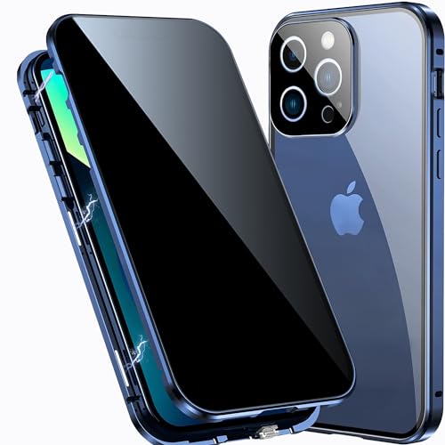 TOPF&B Case for iPhone 15 Pro Max Privacy Magnetic Cover,360 Degree Full Cover Built-in Privacy Screen Protector and Camera Protector,Metal Bumper Case for iPhone 15 Pro Max,Blue