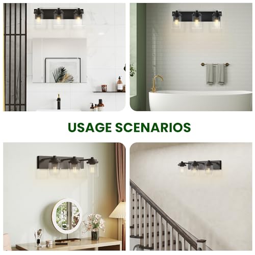 Image of Bathroom Vanity Light, 3-Light Modern Black Vanity Light Fixtures with Clear Glass Shade, 22in Matte Black Bathroom Light Fixtures Over Mirror, Rustic Restroom Lighting Fixtures