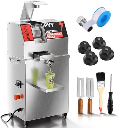 PYY Commercial Sugar Cane Juicer Machine - Electric 3-Roller Sugarcane Juice Press Stainless Steel Extractor, Sugarcane Machine with Cleaning Brush, 2 Peelers,Straws and Cups, 800W 110V 26Inch