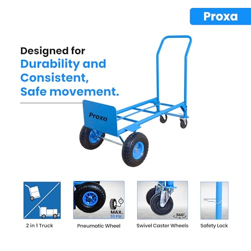 Image of PROXA 200 kg 2 in 1 Multi-Use Convertible Steel Hand Truck Trolley | Pneumatic Wheels and Swivel Casters | Material Handling Cart for Warehouse, Industry, Office and Home Use