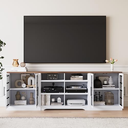 Bobve Farmhouse TV Stand for TVs up to 100\", Modern Entertainment Center with 2 Cabinets and 3-Tier Open Shelves, Rustic TV Console for Living Room, Bedroom, White