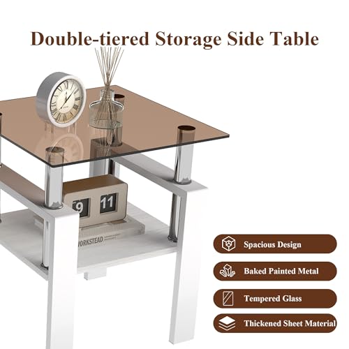 Image of Meihua Glass End Table, Square Glass Side Table, 2-Tier Modern Nightstand with Metal Legs for Living Room&Bedroom (Brown+White, Set of 2)