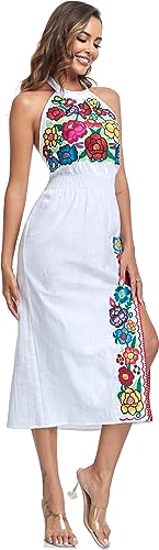 Image of Womens Mexican Floral Embroidered Halter Maxi Dress Side Slit Boho Dress