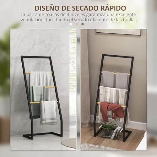 HOMCOM Toallero de Pie Toallero para Baño con 4 Barras de Bambú y Acero para Lavadero 40,5x28x98 cm Negro y Natural - imagen 4