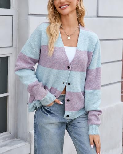Image of YEXPINE Unisex Striped Cardigan Sweaters Open Front Long Sleeve Oversized Button V Neck Knit Outwear