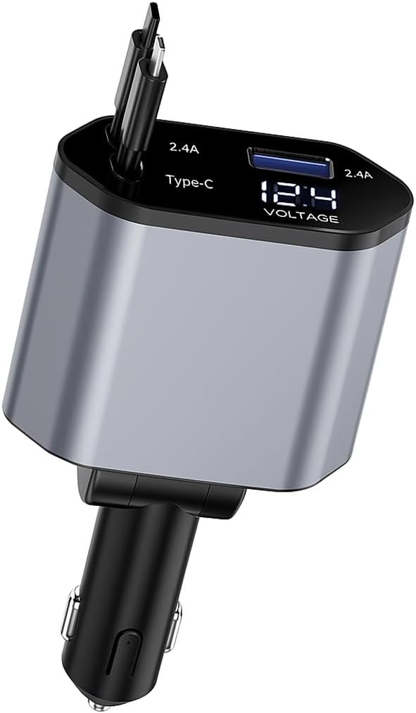 120W Retractable Car Charger 4-in-1 USB-C & Lightning Cable – Fast Charging Adapter for iPhone 16/15/14, Samsung, Android | USB Type-C Port + LED Voltage Display | Multi-Device Car Charger
