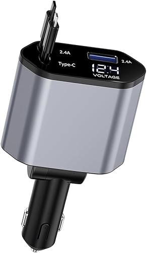 Cargador retráctil para automóvil de 120 W, cable USB-C y Lightning 4 en 1, adaptador de carga rápida para iPhone 16/15/14, Samsung, Android, puerto
