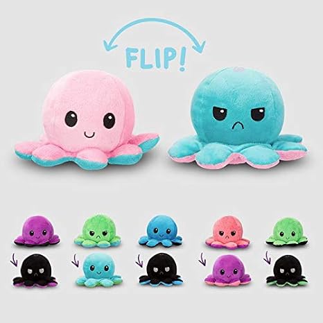 TeeTurtle Reversible Octopus Plushie 4-Inch Red + Yellow Two-Sided Flip Plush Toy with Embroidered Details - Cute Mini Collectible Plush for Kids, Teens, and Adults