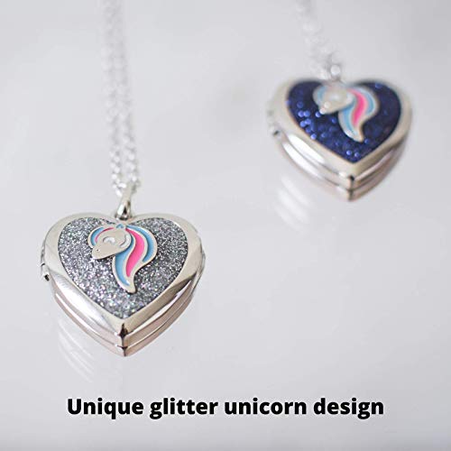 Teal Unicorn & Silver Heart Locket Necklace For Little Girl | Sparkly Glitter Animal Pendant | Secret Inside Storage | Silver Tone Chain | Kids Jewelry Young Girls #TOP3