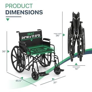 Magshion Extra-Wide Bariatric Wheelchair for Adults – 500 lb Capacity, 24” Seat, Foldable Heavy-Duty All-Terrain, Adjustable Footrests – Black Frame