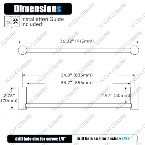 Image of KOKOSIRI Towel Holder Brushed Nickel 36-Inch Towel Rack for Bathroom Wall Mount Single Bar Stainless Steel Bathroom Hardware Accessories, B4007BR-L36