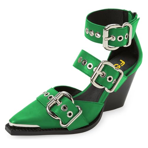 FSJ Women Pointed Toe Metal Buckle Hollow Out Leather Strappy Medium Thick Wedge Stacked Heel Sandal Zipper Fashion Pumps Shoes Size 4-16 US