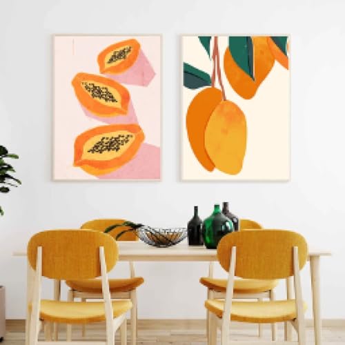 Peinture sur toile mangue papaye 50 x 70 cm aquarelle tropicale sans cadre lot de 2