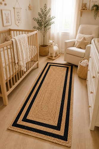 Image of Handmade Natural Jute Runner Rug for Hallway Living Room Kitchen Bedroom Floor Carpet (Beige + Black Design, 2x5)