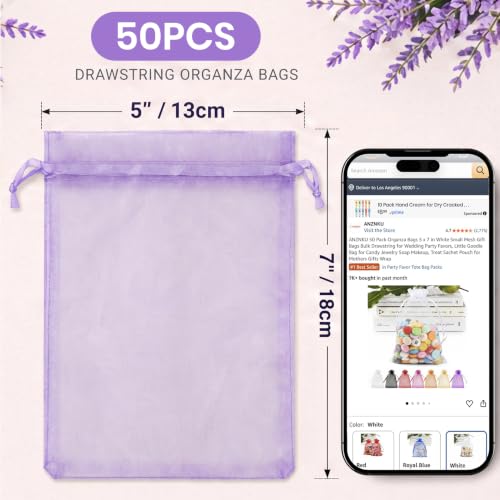 Image of ANZNKU 50 Pack Organza Bags 5 x 7 in Light Purple Small Mesh Gift Bags Bulk Drawstring for Wedding, Little Goodie Bag for Party Favor Candy Jewelry Soap Makeup, Treat Pouch for Baby Shower