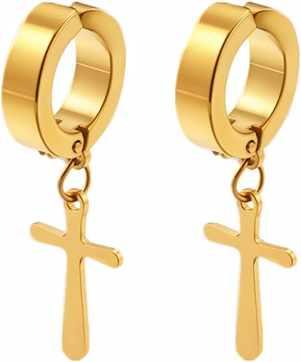 Men's Women Non-pierced Cross Dangle Earrings Clip On Prayer Fake Hoop Earrings Stainless Steel Christmas Easter