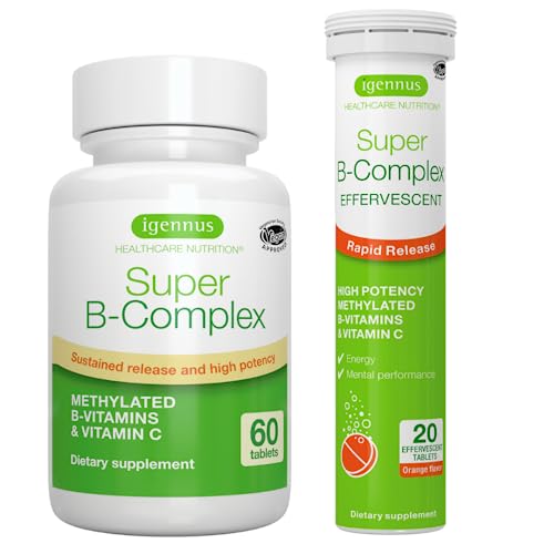 Super B-Complex & Effervescent Bundle, 60 Sustained-Release Tablets & 20 Orange Flavor Effervescent Tablets For Fast Energy On The Go, By Igennus #TOP27