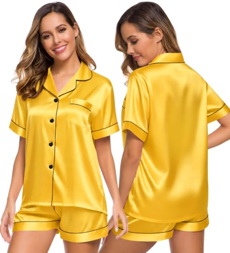 Image of SWOMOG Womens Silk Satin Pajamas Set Short Sleeve Sleepwear Button Down Top and Shorts Loungewear 2 Piece Pjs Set XS-3XL