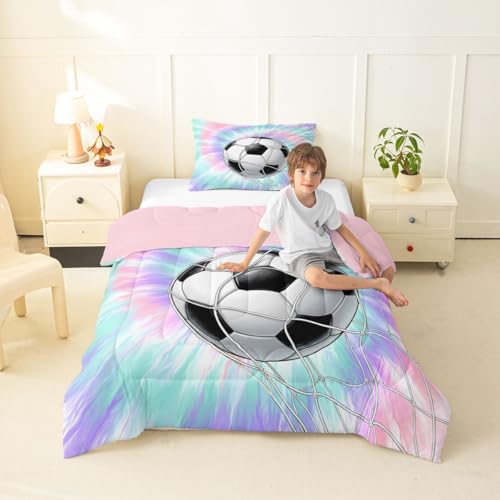 Image of Feelyou Football Comforter Set Toddler Size Soccer Bedding Set for Kids Boys Girls Watercolor Tie Dye Duvet Quilt Sports Bedroom Decor Microfiber 2 Pcs with 1 Pillow Cases