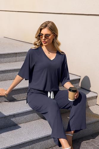 Image of difficort 2 Piece Lounge Sets for Women Summer Outfits Vacation Loungewear | Knit Raglan Short Sleeve Wide Leg pant with Pockets