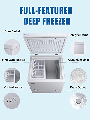 Krib Bling 3.5 Cu.Ft Deep Compact Freezer with a Removable Basket, Chest Freezer 7 Gears Temperature Control(-18°F to -46°F), for House, Garage, Kitchen, Basement, Shop, White
