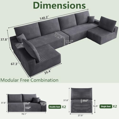 Image of Oversized Modular Sectional Sofa Couch, Large 6 Seater Corner Sofa Modern U Shaped Sectional Couch Cloud Couches for Living Room, Office, Spacious Space, Corduroy, No Assembly Required, Dark Grey