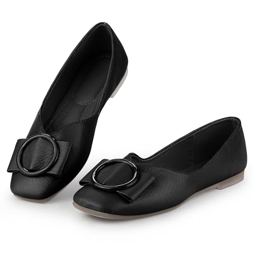 Allegra K Women's Squared Toe Comfortable Slip on Round Buckle Ballet Flats