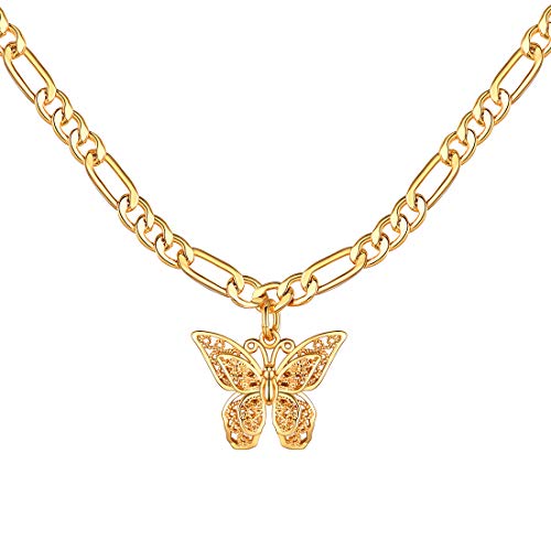 U7 Colgante Mariposa Collar Dorado de Cadena fígaro 16 Pulgadas Choker Precioso para Mujeres Material Cobre Tono Oro Amarillo 18k Collares Preciosos para Muchachas Hijas