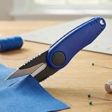 Folding fishing scissors for fishing line, compact blue fold-away cutting tool with safety lock, textured grip, fits tackle box pockets for rigging and leaders