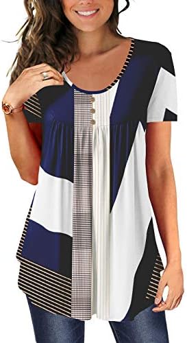 BeadChica Women's Tunic Tops For Leggings Short Sleeve Shirts Botton Up Casual Ruched Blouses Clothing Floral-XXL White Blue