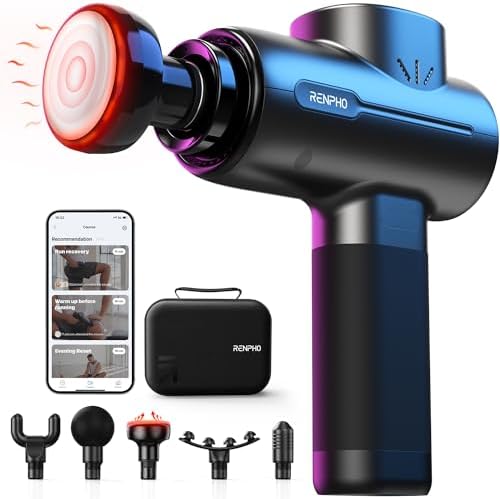 RENPHO Massage Gun with Heat, Percussion Muscle Mini Massage Gun for Athletes, Handheld Deep Tissue Massager with 3200rpm, 5 Massage Head, 5 Speed, Carry Case,Body Muscle Massager Gun,Fathers Gifts