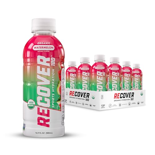 RECOVER 180 Organic Sports Hydration Drink, No Sugar Added, 15 Calorie Sports Beverage, Organic Flavors With Vitamins, Potassium-Packed Electrolytes (16.9 Fl Oz (Pack of 12), Watermelon)