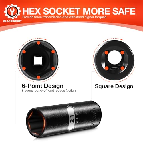 Image of BLACKROBOT 1 /2 Inch Drive 6-Point Deep Socket, 21mm Deep Impact Socket, CR-V Steel