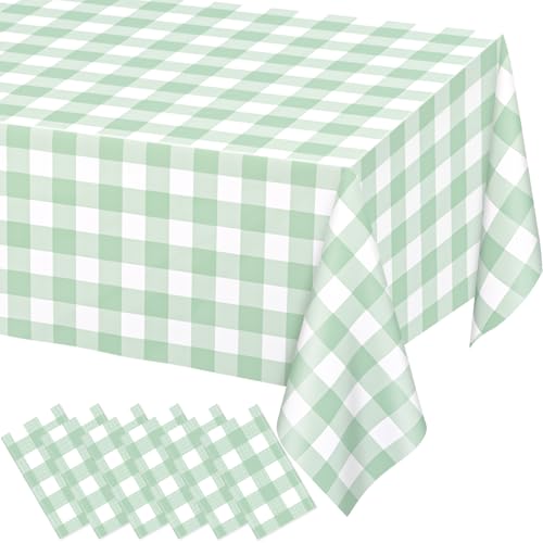 Image of WNINK 6 Pack Sage Green Checkered Rectangular Plastic Tablecloths, Green Gingham Waterproof Disposable Table Covers 54 inch x 108 inch for Birthday, Baby Shower, Wedding, Outdoor Picnic Parties