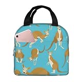 Divertida bolsa de almuerzo aislada con estampado de canguro de dibujos animados para mujeres y hombres, bolsa de almuerzo con bolsillo frontal