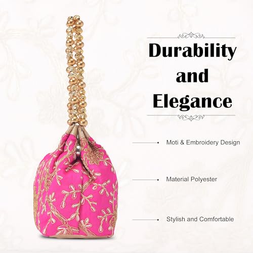 Image of Kuber Industries Pack of 2 Potli Bags for Ladies & Girls | Women Shagun Pouches for Festive Seasons | Bridal Purse | Moti Embroidery- Peach & Pink