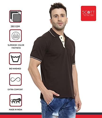 Image of Scott International Men's Regular Fit Half Sleeve Organic Cotton Polo T-Shirt (SS20-SP21-S Coffee Brown with White Small)