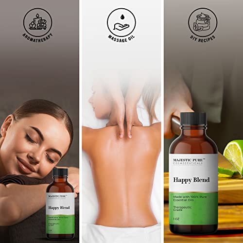 Majestic Pure Happy Essential Oil Blend | 100% Pure Therapeutic Grade Oil Blend For Positivity, Stress Relief | Grapefruit, Patchouli, Lemon Essential Oil For Diffusers & Aromatherapy | 1Oz #TOP2