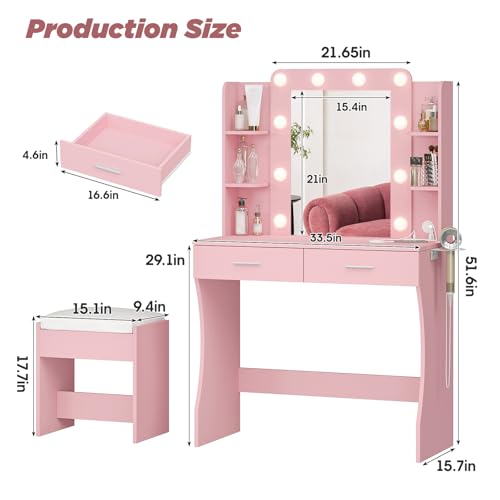 Image of Vabches Vanity Desk with Lights,Makeup Vanity with Power Strip,Dressing Table Set with 2 Large Drawers,Vanity Mirror 3 Lighting Color Adjustable,Pink