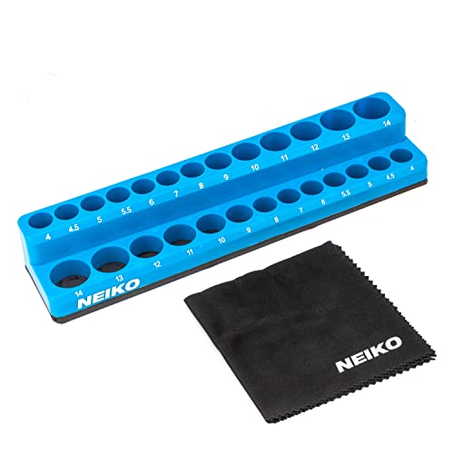 NEIKO 03973A Magnetic Socket Holder, 1/4” Drive, 4mm-14mm, Shallow & Deep Sockets Tray, Metric Socket Set Organizer, Socket Organizers for Toolboxes Trays, Scratch Free Mounting, High Visibility