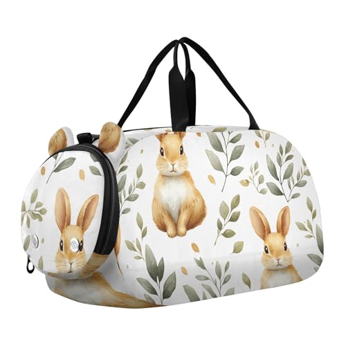 Duffle Bag for Boys or Girls with Shoes Compartment, Watercolor Rabbit Leaves Sports Travel Bag Overnight